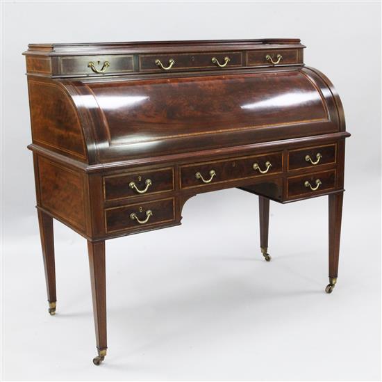 An Edwardian satinwood banded mahogany cylinder bureau, W.4ft D.1ft 11in. H.3ft 9in.